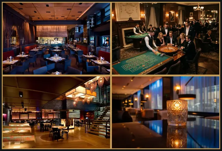 Four-panel culinary and casino collage of Heliot Steak House dining balcony, USDA Prime ribeye, Cornish lobster tail, and Hippodrome rotunda