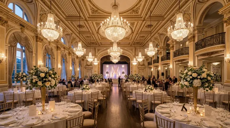 Grand marble atrium lobby with brushed brass chandeliers and colloidal graphite columns